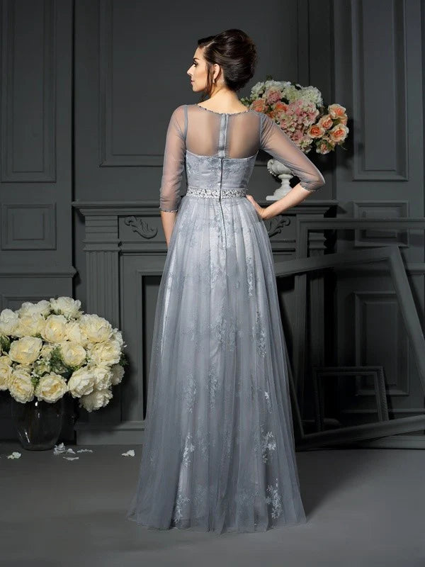 Wholesale A-Line Princess Scoop Lace Sleeves Long Satin Mother of the Bride Dresses